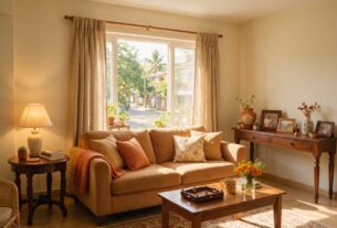 Rental living room with coordinated textiles, a plug-in table lamp, tabletop decor and existing curtain fittings, AI-generated illustrative render