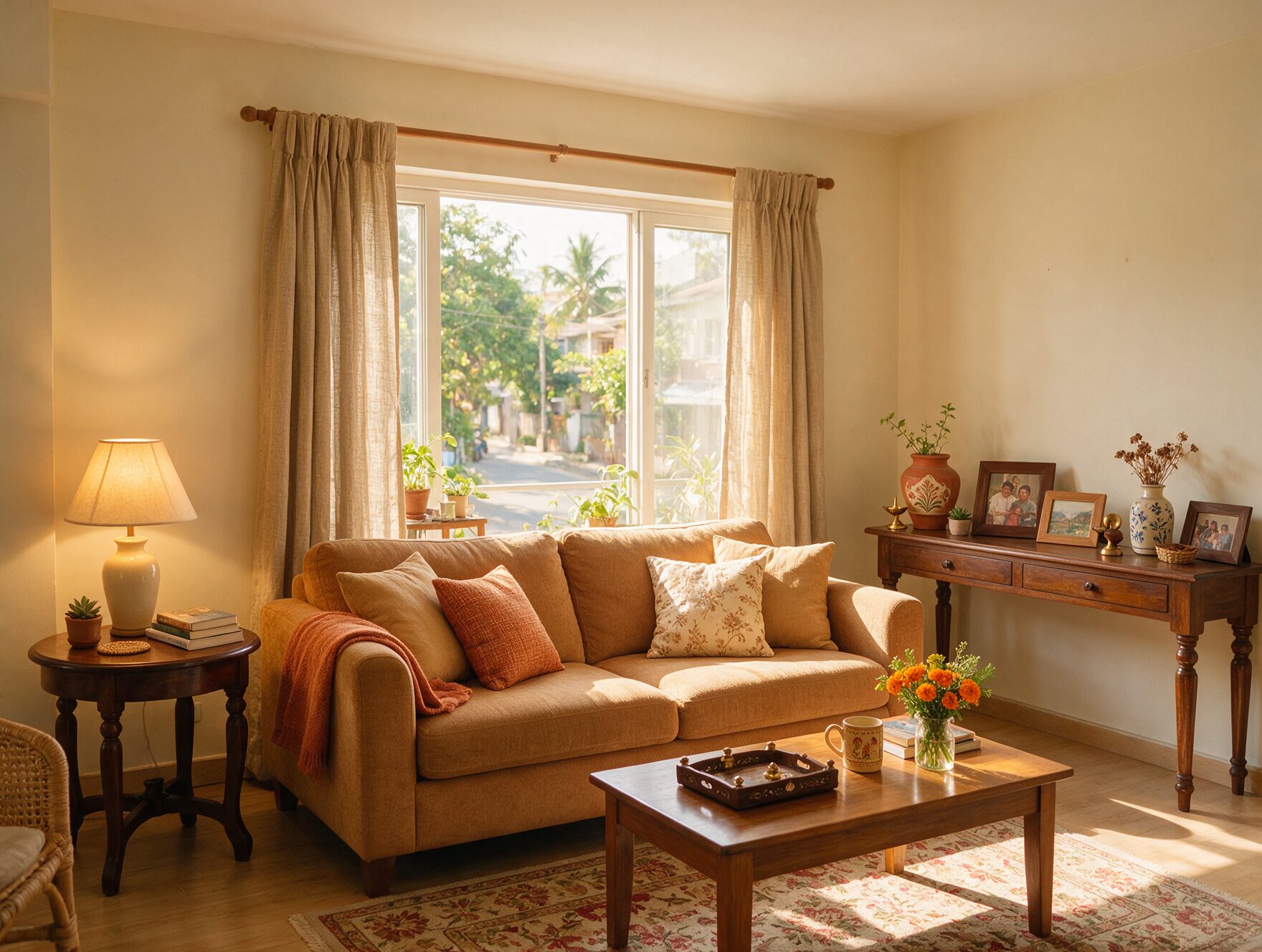 Rental living room with coordinated textiles, a plug-in table lamp, tabletop decor and existing curtain fittings, AI-generated illustrative render