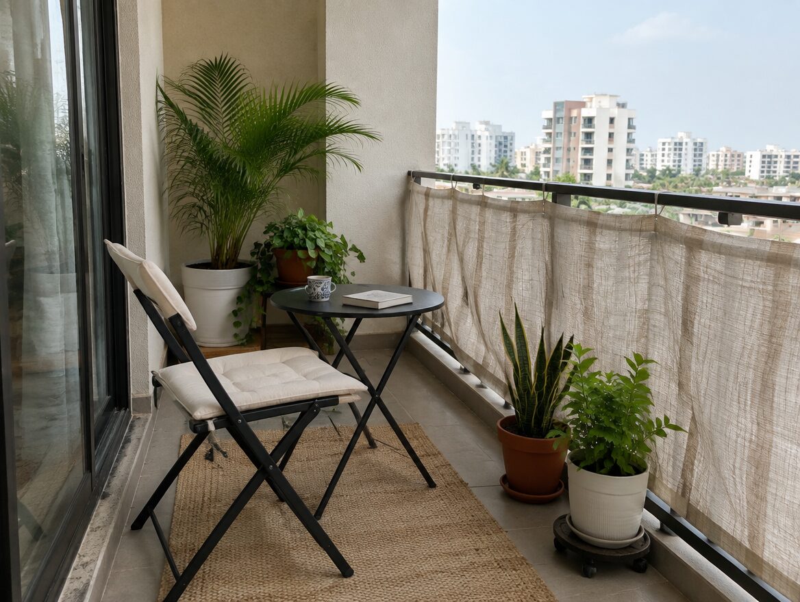 AI-generated illustration of movable furniture, potted plants, and a fabric screen on an Indian apartment balcony
