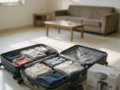 Open suitcases with folded clothes and a boxed appliance in an empty living room