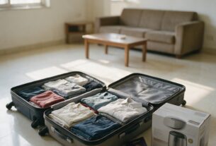 Open suitcases with folded clothes and a boxed appliance in an empty living room