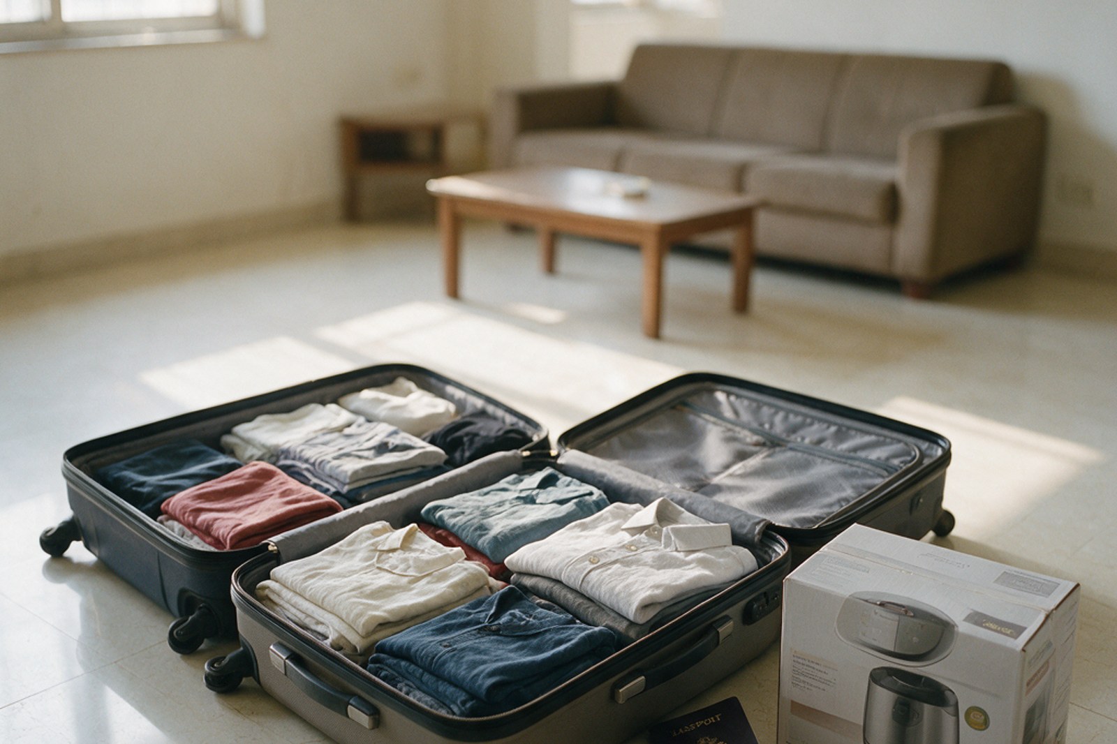 Open suitcases with folded clothes and a boxed appliance in an empty living room