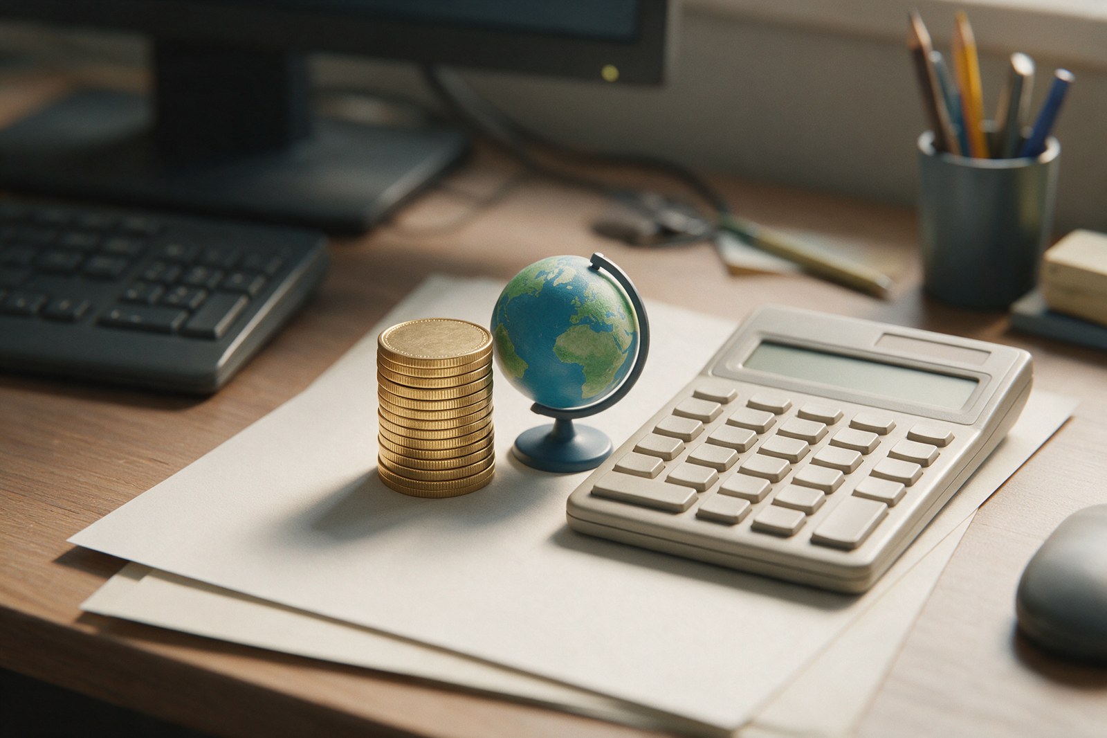A neat stack of coins and a small globe beside a calculator on a desk