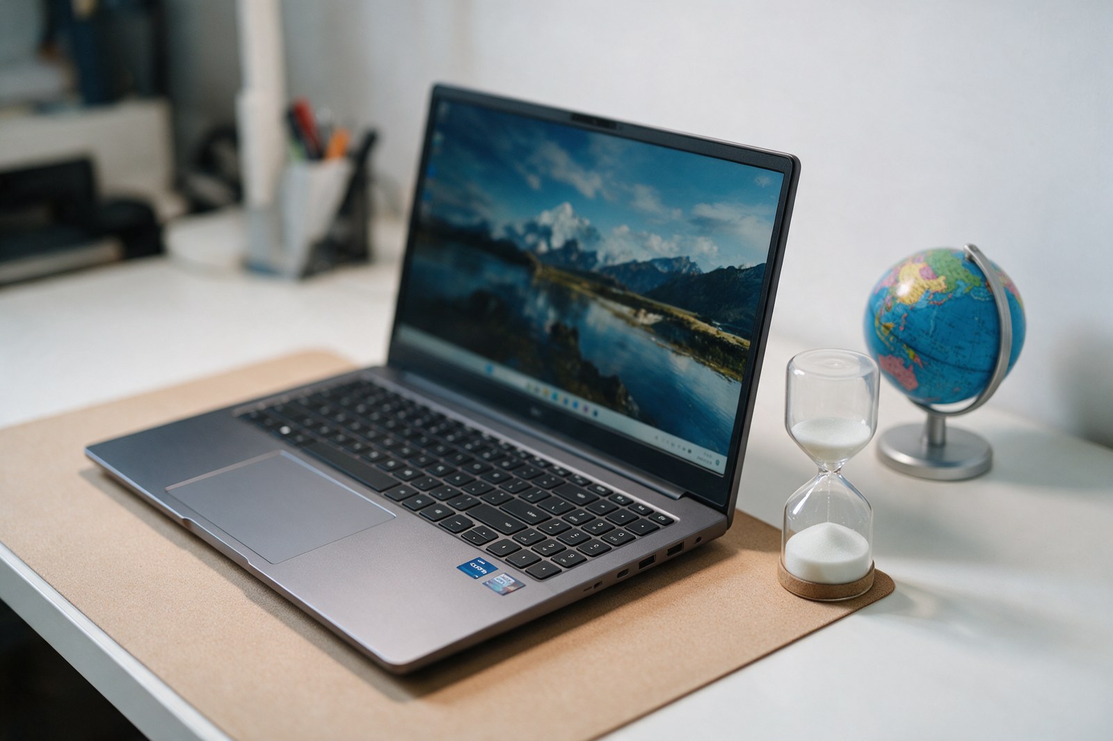 An hourglass and a small globe on a tidy desk beside a laptop