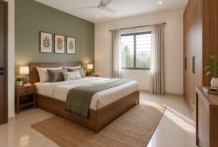 Sage green accent wall with warm white, Indian bedroom colour combination, AI-generated illustrative render