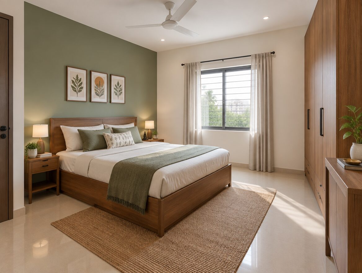 Sage green accent wall with warm white, Indian bedroom colour combination, AI-generated illustrative render
