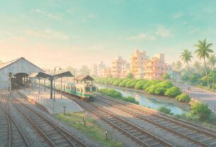 Illustration of a suburban railway station with a car shed, a creek with mangroves and mid-rise buildings, not an actual photograph