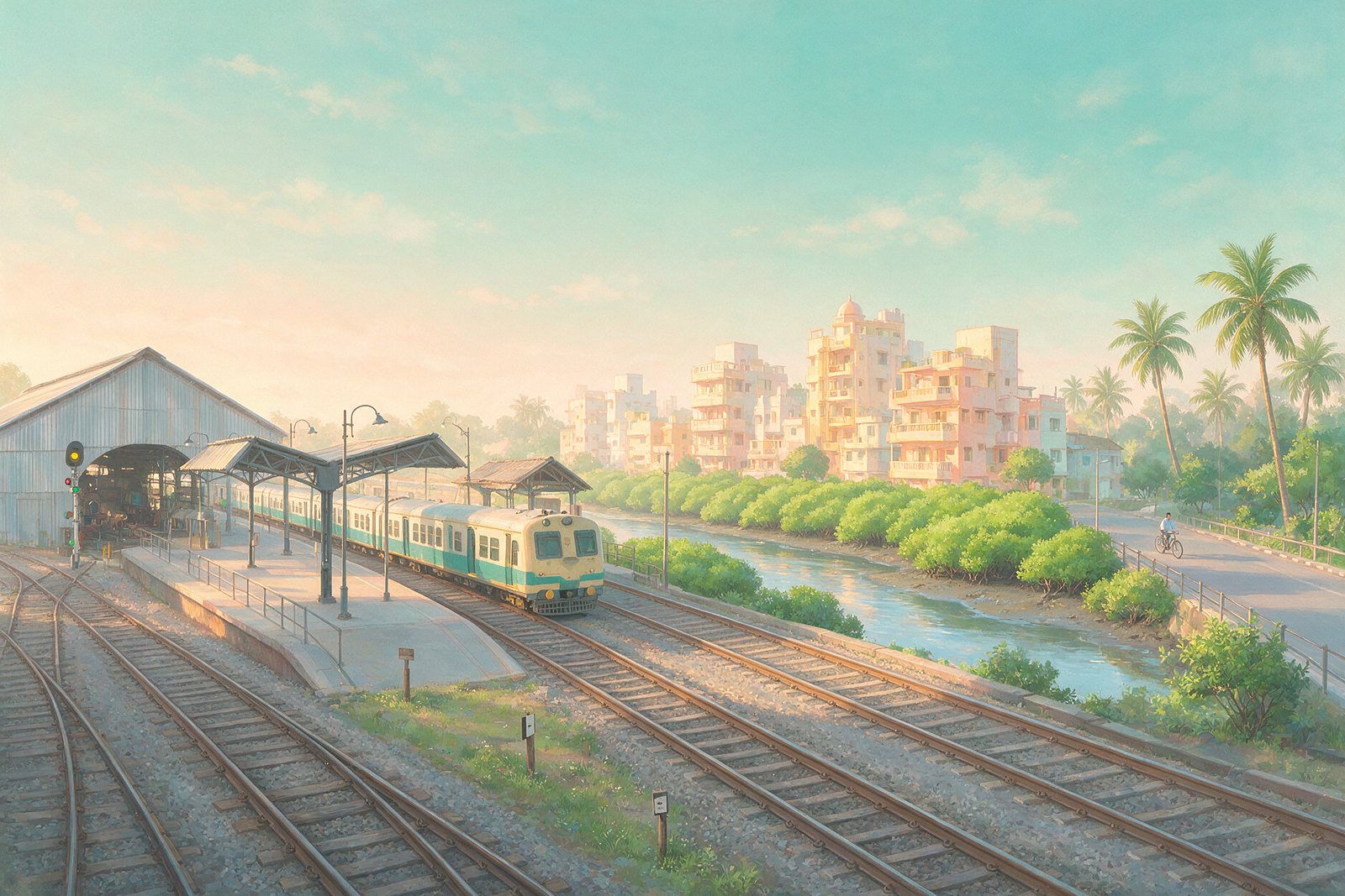 Illustration of a suburban railway station with a car shed, a creek with mangroves and mid-rise buildings, not an actual photograph