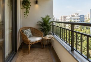 Seating-focused nook on a small Indian apartment balcony, AI-generated illustrative render