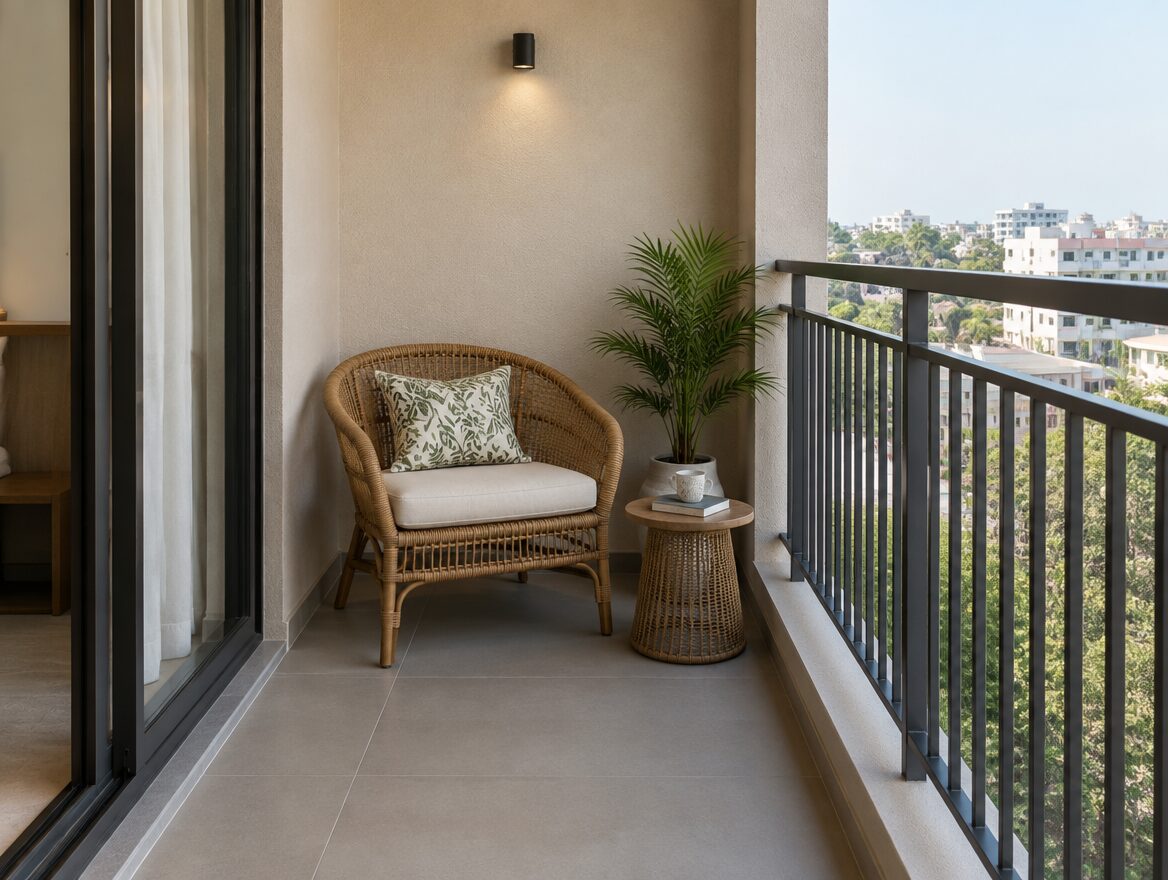 AI-generated illustration of a seating nook on a small Indian apartment balcony, chair positioned away from the railing