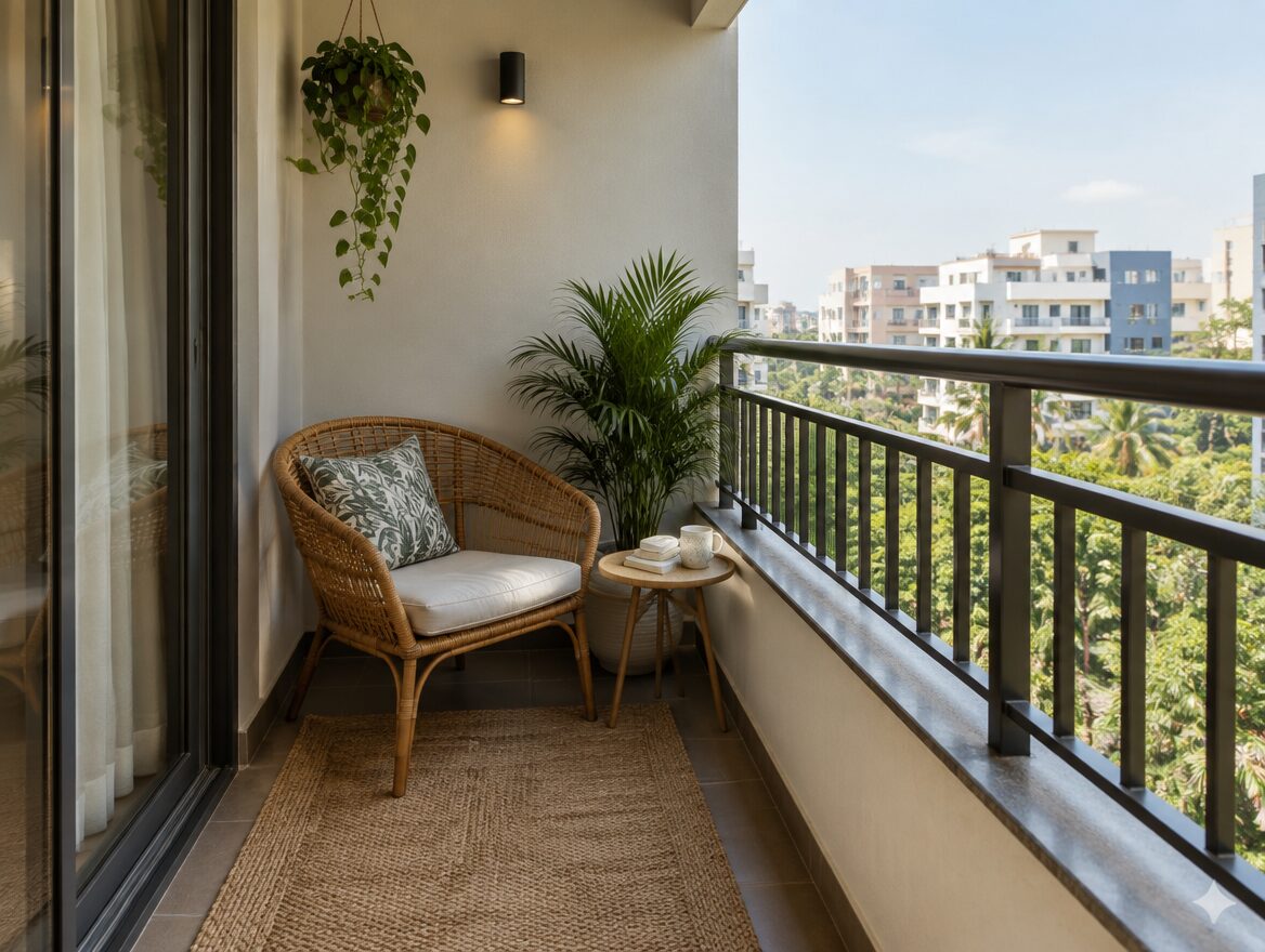 Seating-focused nook on a small Indian apartment balcony, AI-generated illustrative render