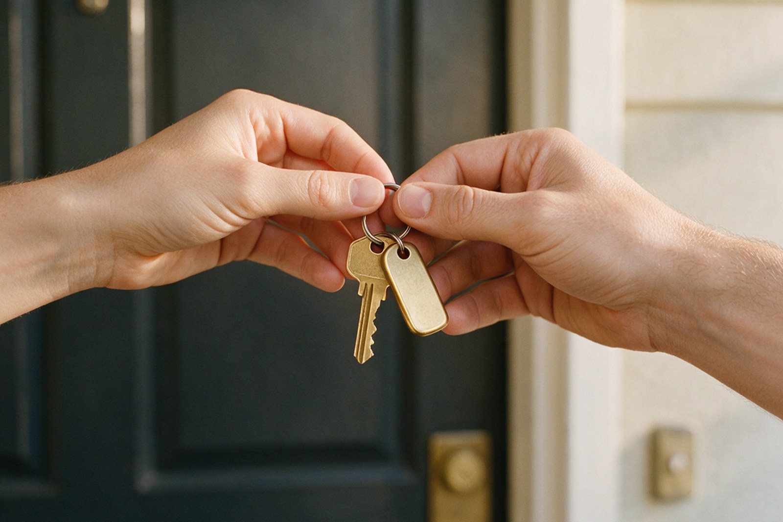 Two hands exchanging apartment keys in front of a closed door