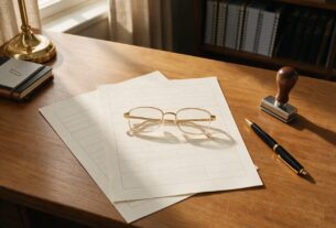 Application forms, reading glasses and a pen arranged on a desk, AI-generated illustrative render