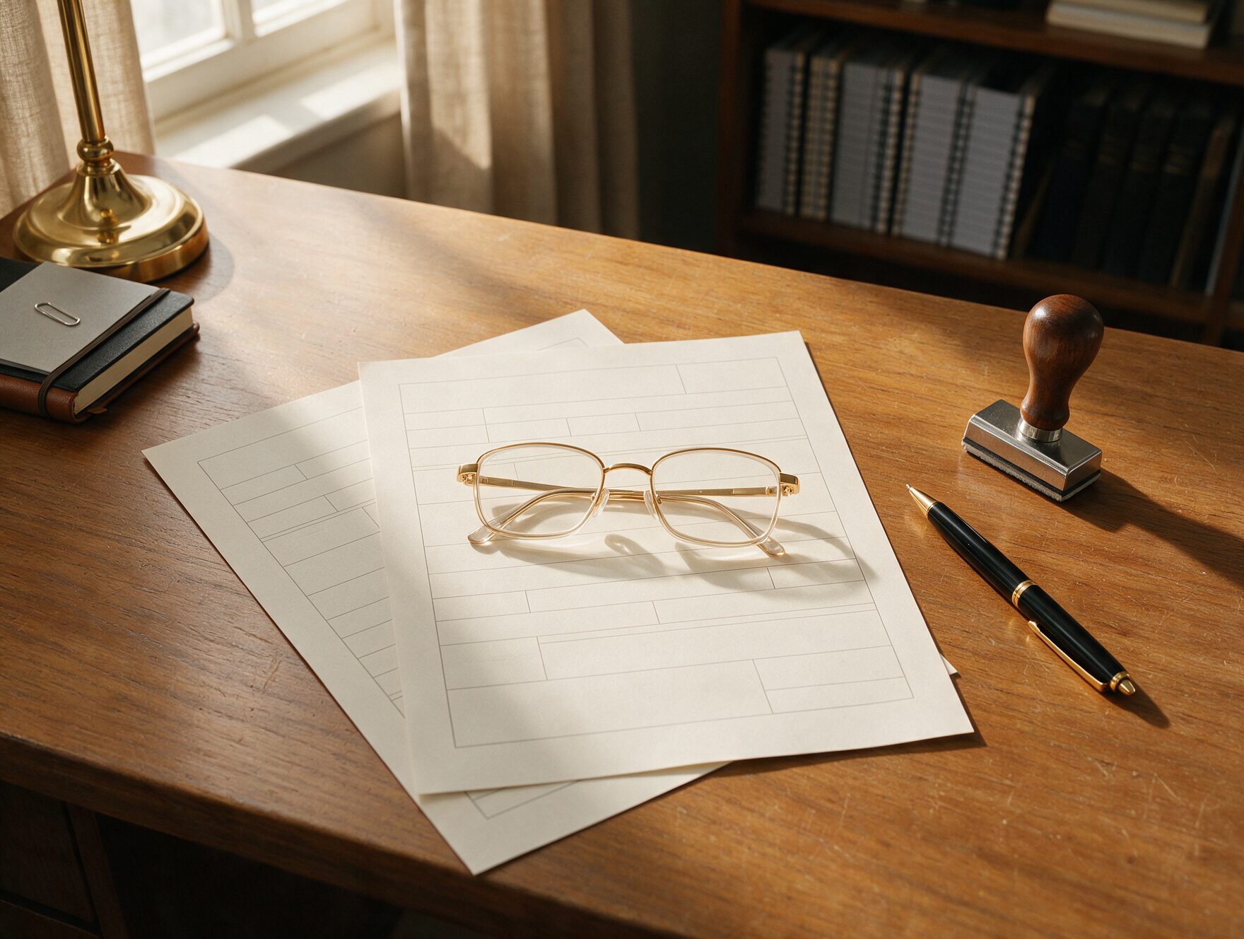Application forms, reading glasses and a pen arranged on a desk, AI-generated illustrative render