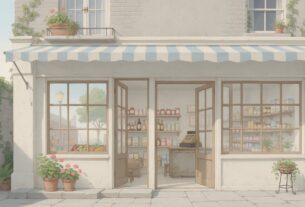 Illustration of a small neighbourhood shop front with a striped awning