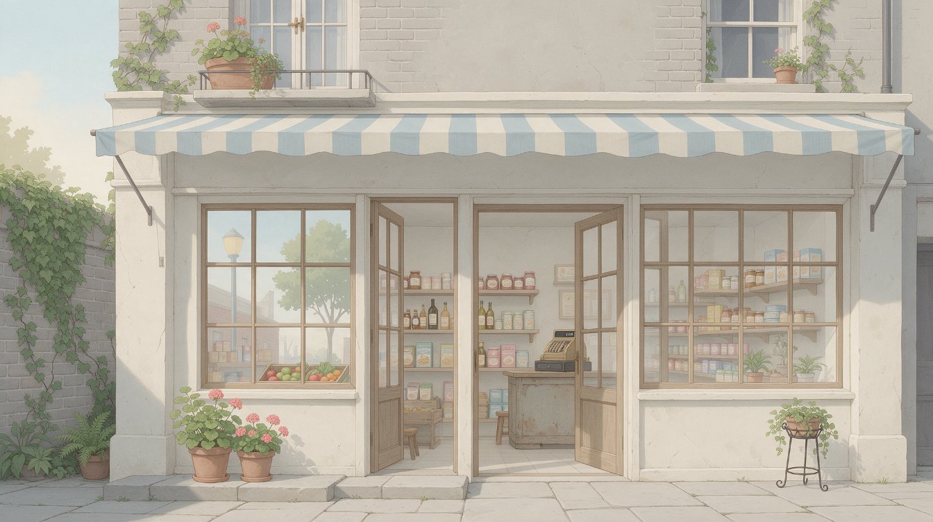 Illustration of a small neighbourhood shop front with a striped awning
