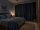 Sleep-friendly Indian bedroom with blackout curtains, cool tones and minimal noise sources, AI-generated illustrative render
