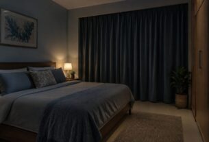 Sleep-friendly Indian bedroom with blackout curtains, cool tones and minimal noise sources, AI-generated illustrative render