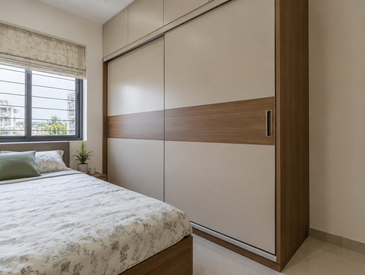 Sliding door wardrobe in a small Indian bedroom, AI-generated illustrative render
