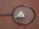 A badminton racket with a feather shuttlecock resting on its strings