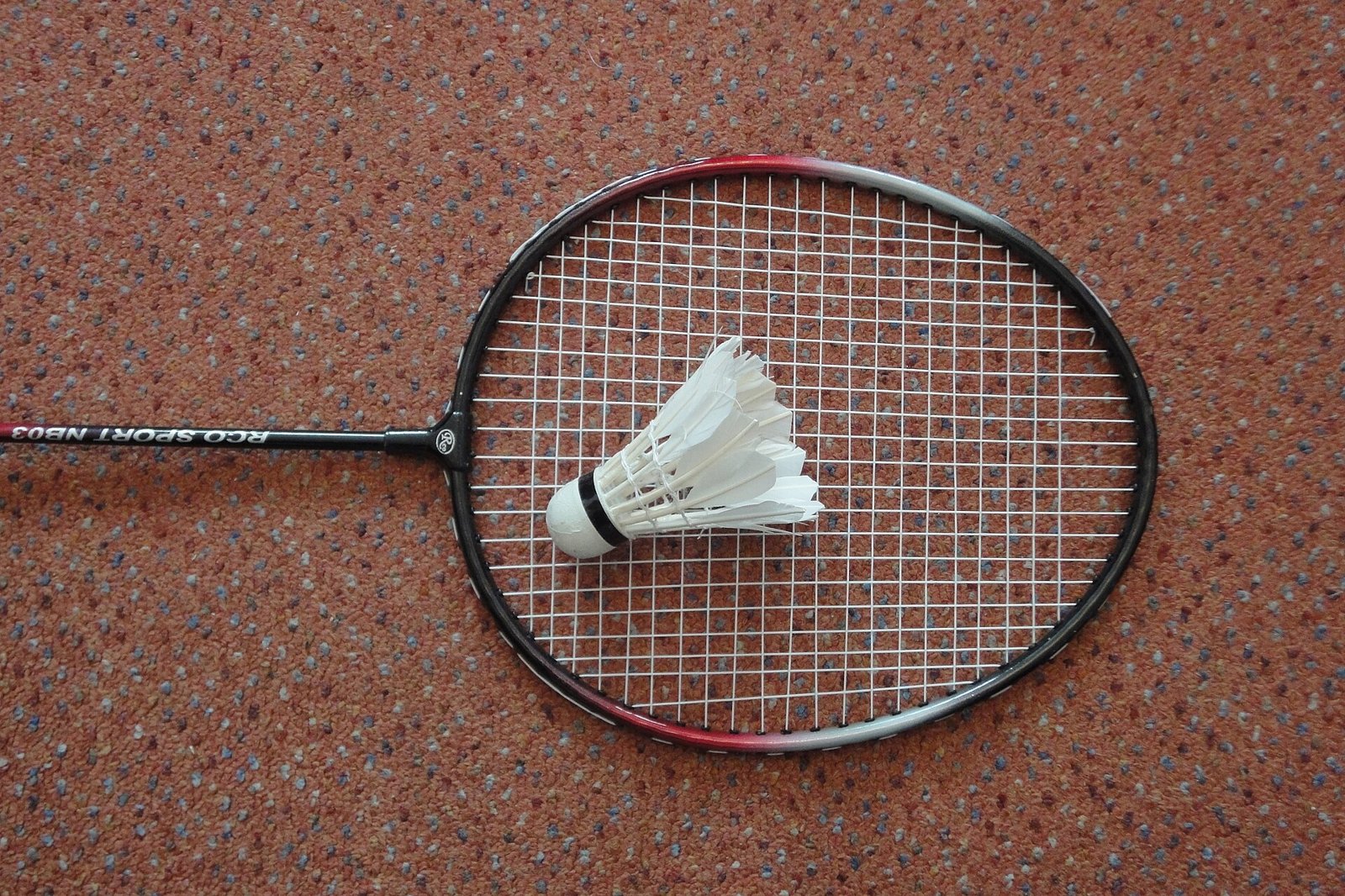 A badminton racket with a feather shuttlecock resting on its strings