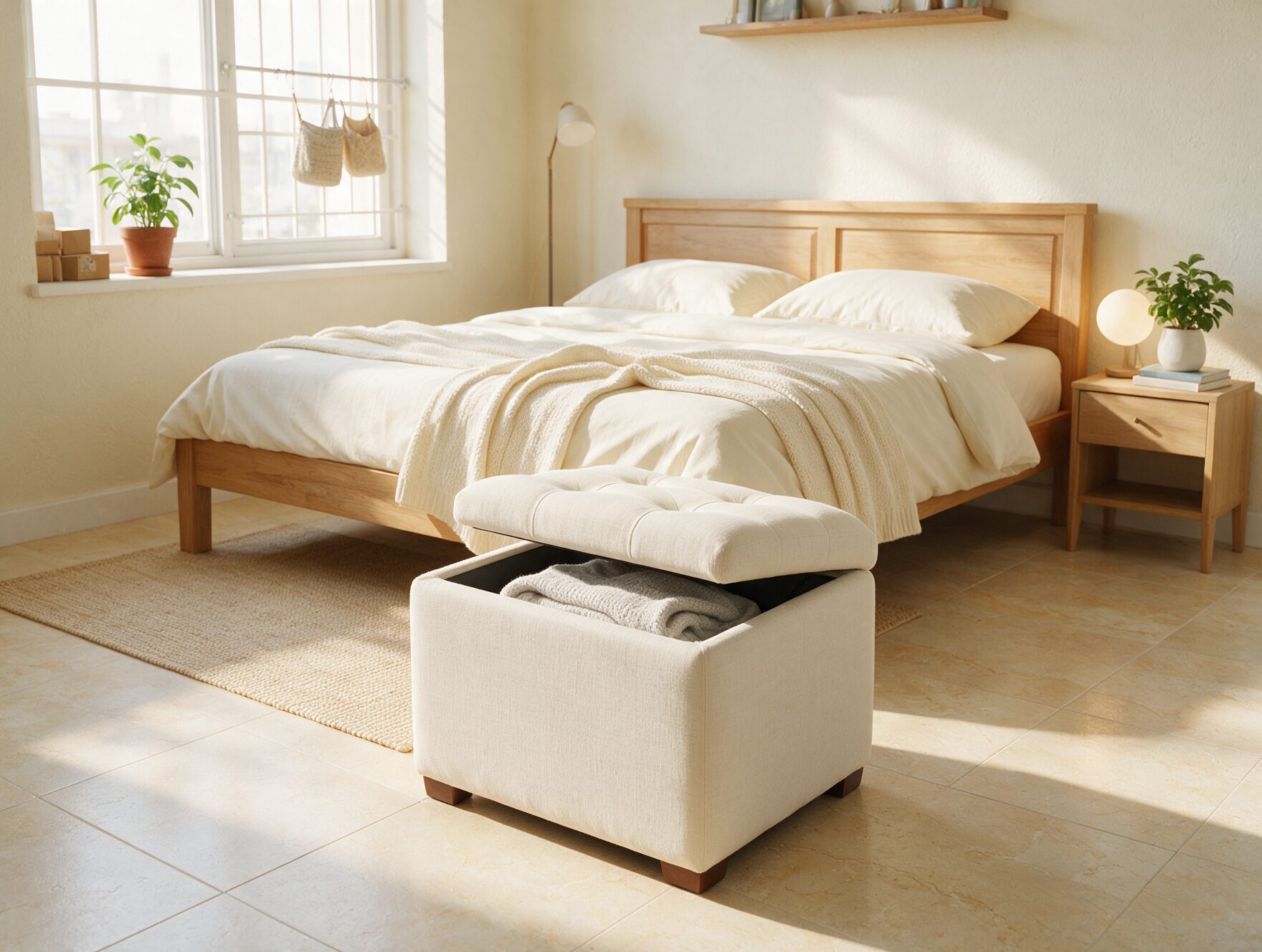 Small Bedroom Storage Ideas for Indian Apartments 4 Storage ottoman at the foot of a bed in a small Indian apartment bedroom