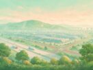 Illustration of an industrial estate, a highway and a rail line in a Taloja-style setting, not an actual photograph