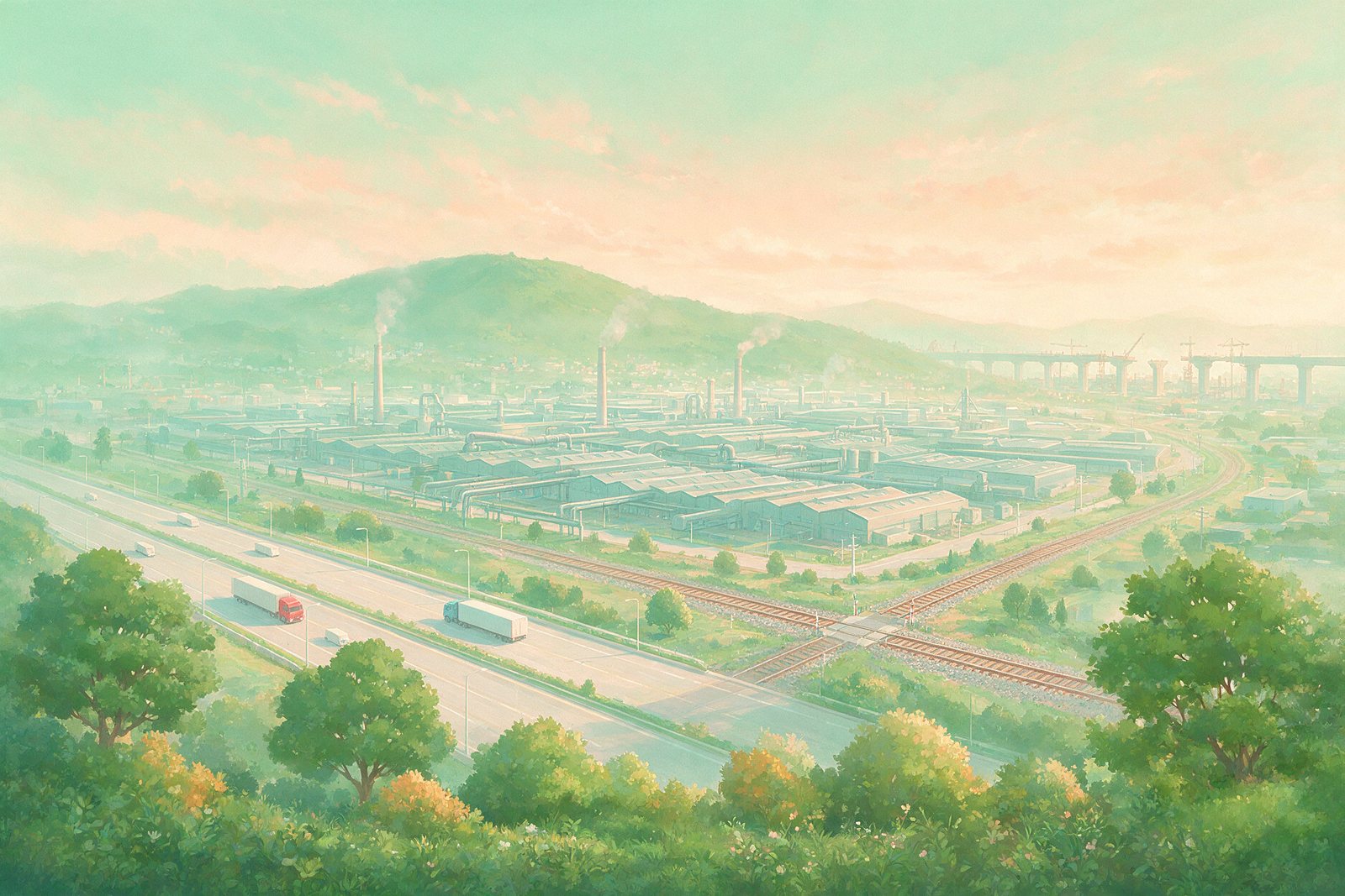 Illustration of an industrial estate, a highway and a rail line in a Taloja-style setting, not an actual photograph