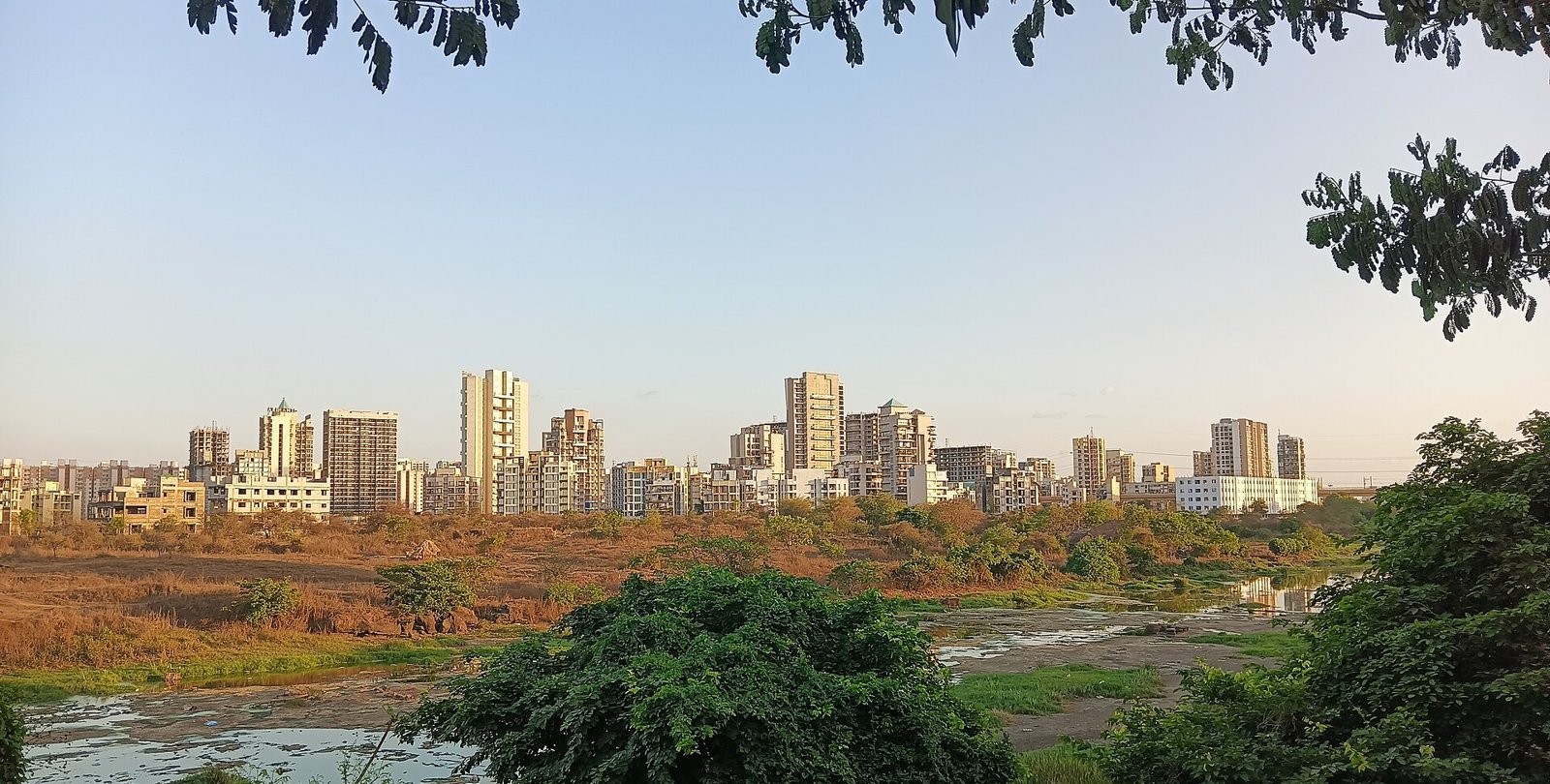 Taloja skyline at dusk seen across open wetland
