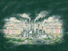 Chalk drawing illustration of an industrial township with chimneys, apartment blocks and a red letterbox, not an actual photograph
