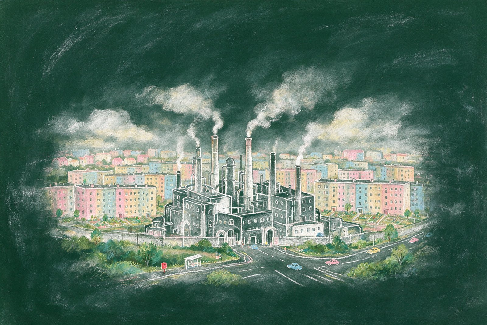 Chalk drawing illustration of an industrial township with chimneys, apartment blocks and a red letterbox, not an actual photograph