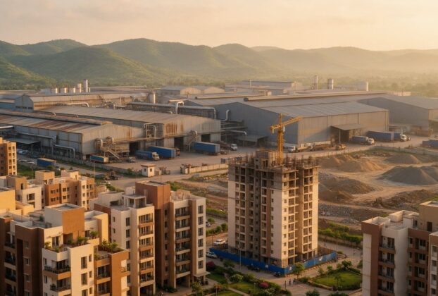 Illustrative AI-generated view of new residential towers beside an industrial belt, not an actual Taloja location.