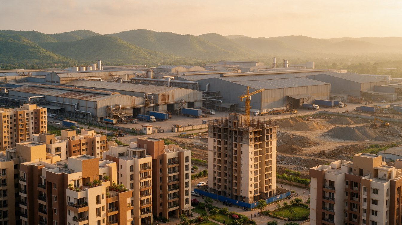 Illustrative AI-generated view of new residential towers beside an industrial belt, not an actual Taloja location.