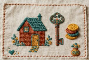 Embroidery style illustration of a house, a key and coins on linen, not an actual photograph