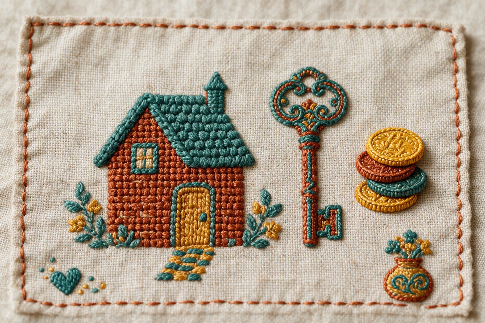 Embroidery style illustration of a house, a key and coins on linen, not an actual photograph