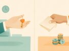 Flat illustration of two hands exchanging a house key and a folded document across a dotted line, with a clock and a stack of coins, an illustration and not an actual photograph