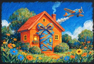 Oil pastel illustration of a house with a ribbon on the door and an aeroplane overhead, not an actual photograph