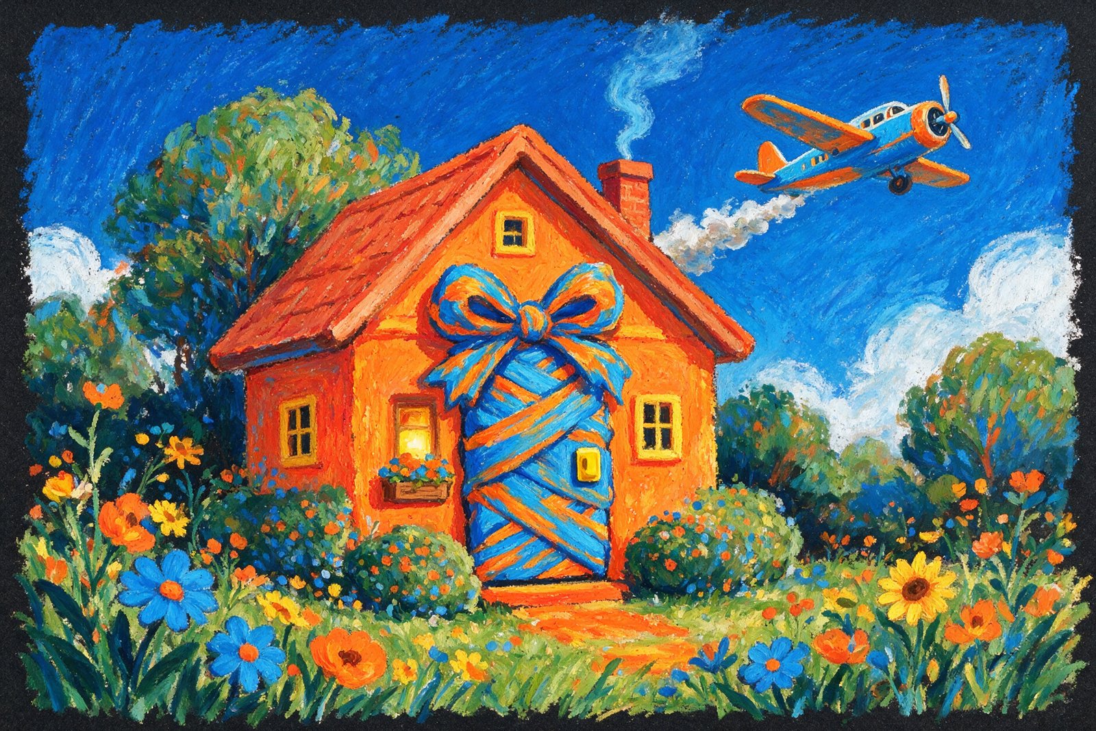 Oil pastel illustration of a house with a ribbon on the door and an aeroplane overhead, not an actual photograph