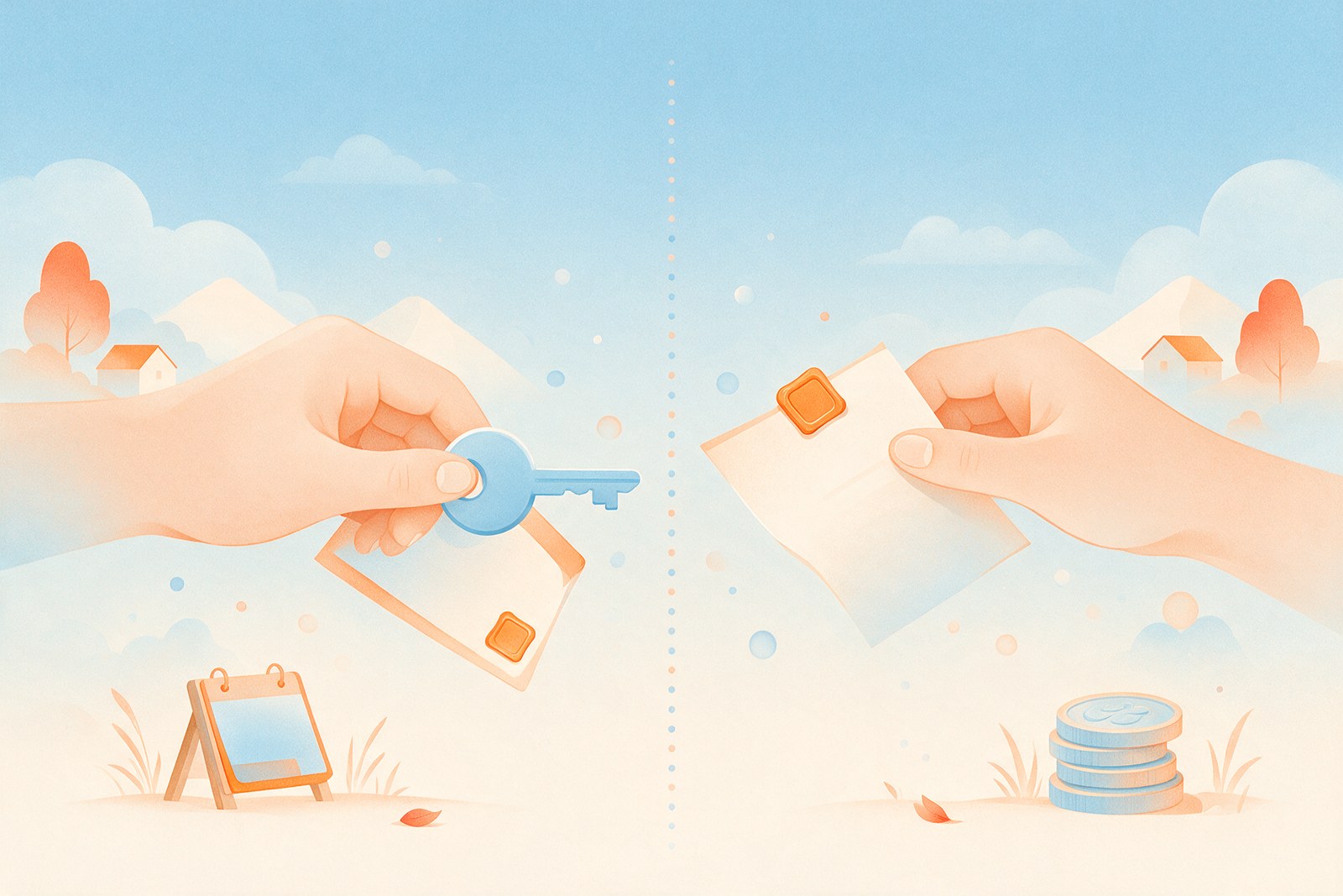 Flat illustration of a house key and a sealed document passing between two hands across a dotted line, with a calendar and a stack of coins, an illustration and not an actual photograph
