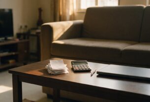 A living room with rent receipts, a calculator, a pen and a closed laptop on a coffee table
