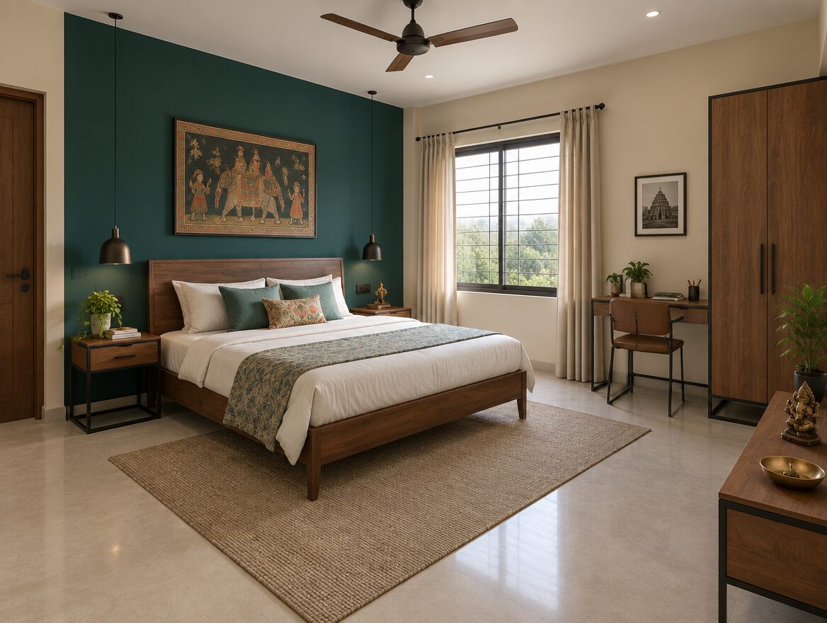 Teal accent wall with beige, Indian bedroom colour combination, AI-generated illustrative render