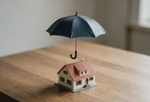 A small open umbrella held over a model house on a wooden table
