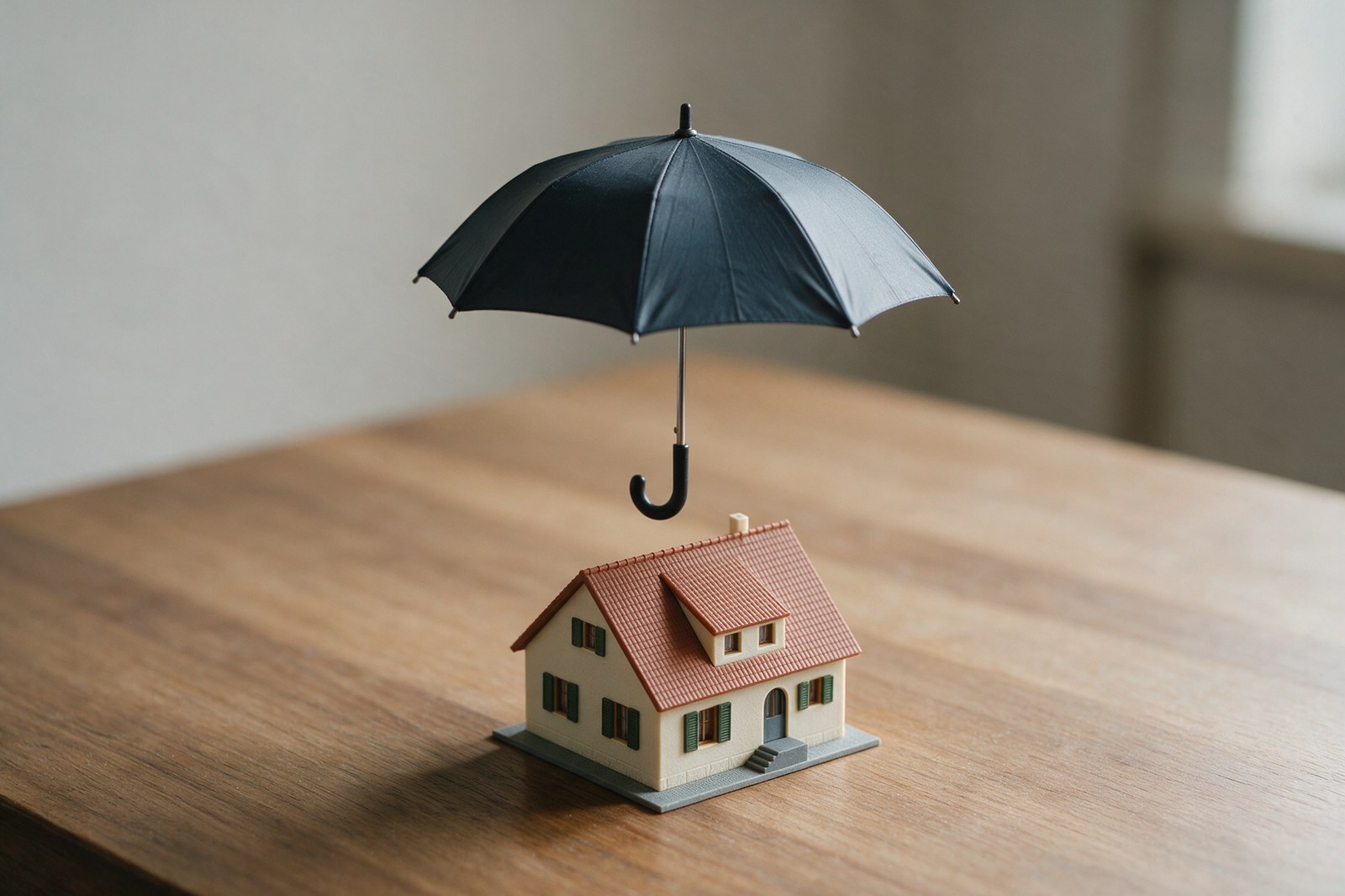 A small open umbrella held over a model house on a wooden table