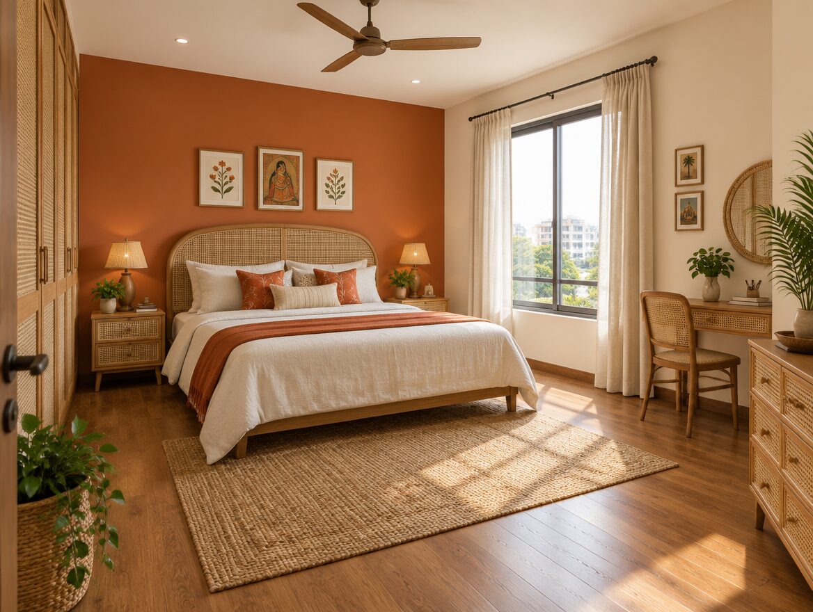 Terracotta accent wall with cream, Indian bedroom colour combination, AI-generated illustrative render