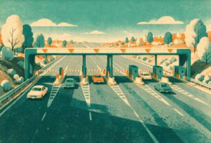 Risograph-style illustration of a toll plaza with cars passing through the lanes, not an actual photograph