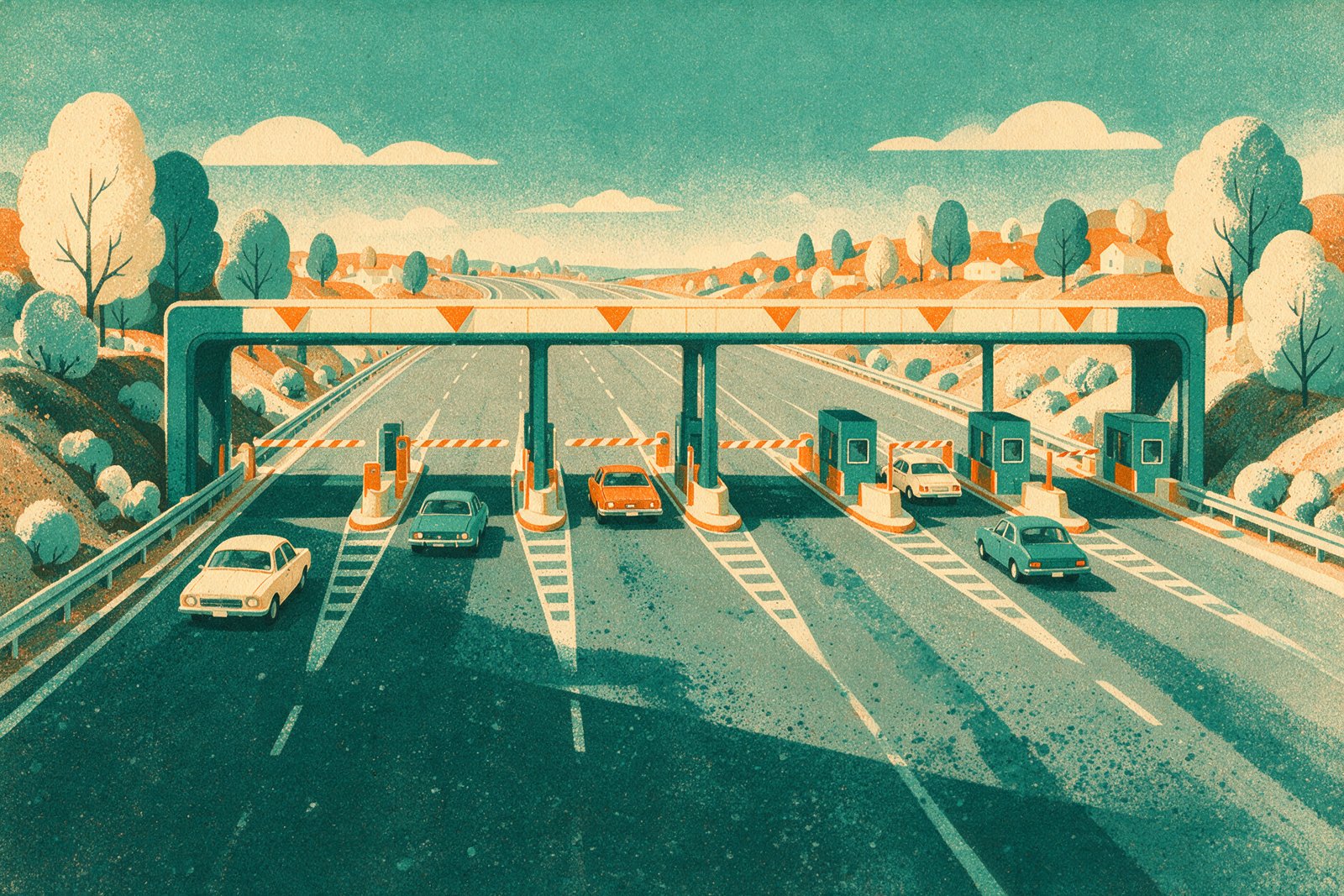 Risograph-style illustration of a toll plaza with cars passing through the lanes, not an actual photograph