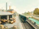 Illustration of a railway platform with a train beside a creek, wholesale market sheds with crates and a truck, and factory chimneys, an illustration and not an actual photograph