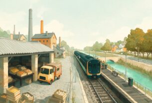 Illustration of a railway platform with a train beside a creek, wholesale market sheds with crates and a truck, and factory chimneys, an illustration and not an actual photograph
