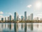 A sunlit modern waterfront city skyline with palm trees and calm water