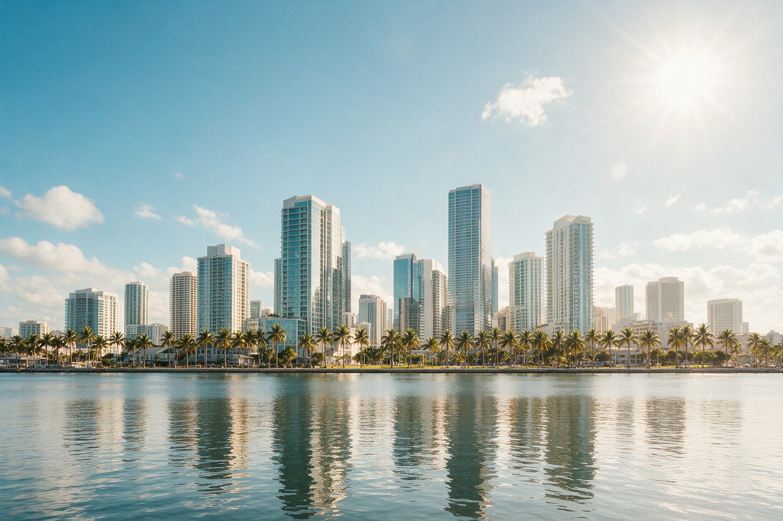 A sunlit modern waterfront city skyline with palm trees and calm water